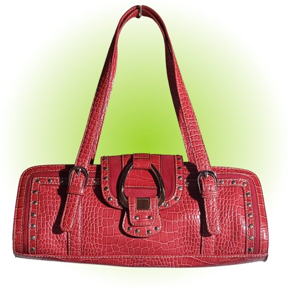 RED CROC EMBOSSED HANDBAG PURSE CLEAN EUC NINE WEST - Picture 1 of 14